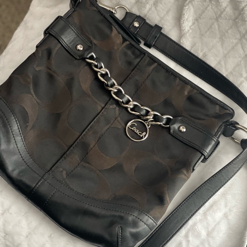 Coach Black and Silver Shoulder Bag with Signature Chain Accent